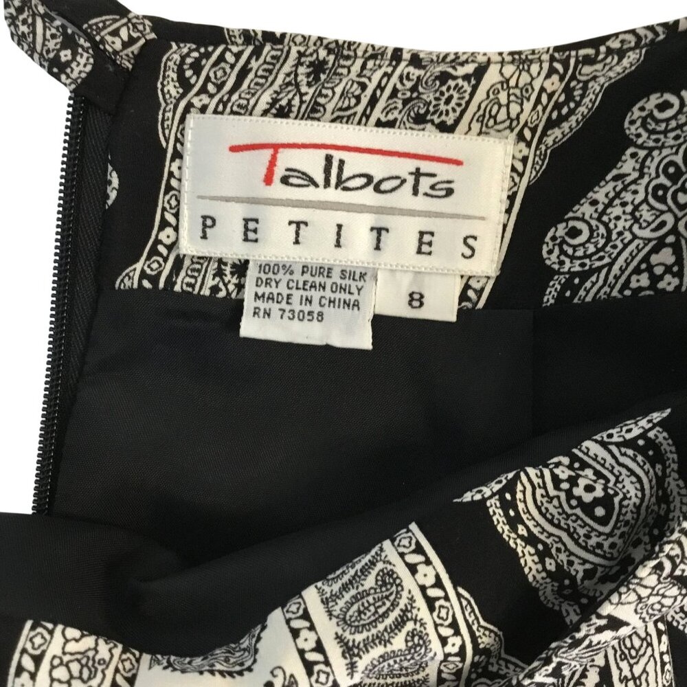 Talbots Petite Silk Wrap Skirt Size 8P Black White Midi Paisley Boho Lined Tie - Picture 7 of 7